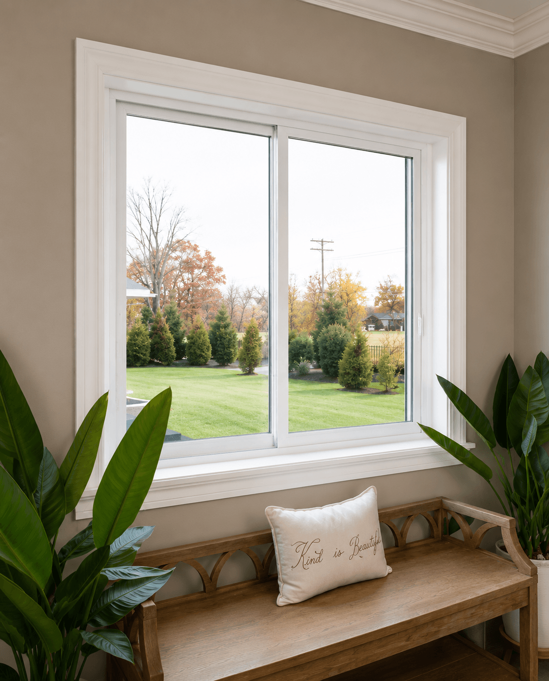 A 2-lite sliding glass window with white frame overlooking an autumn backyard with lawn and trees, flanked by potted green plants and a wooden bench with decorative pillow.