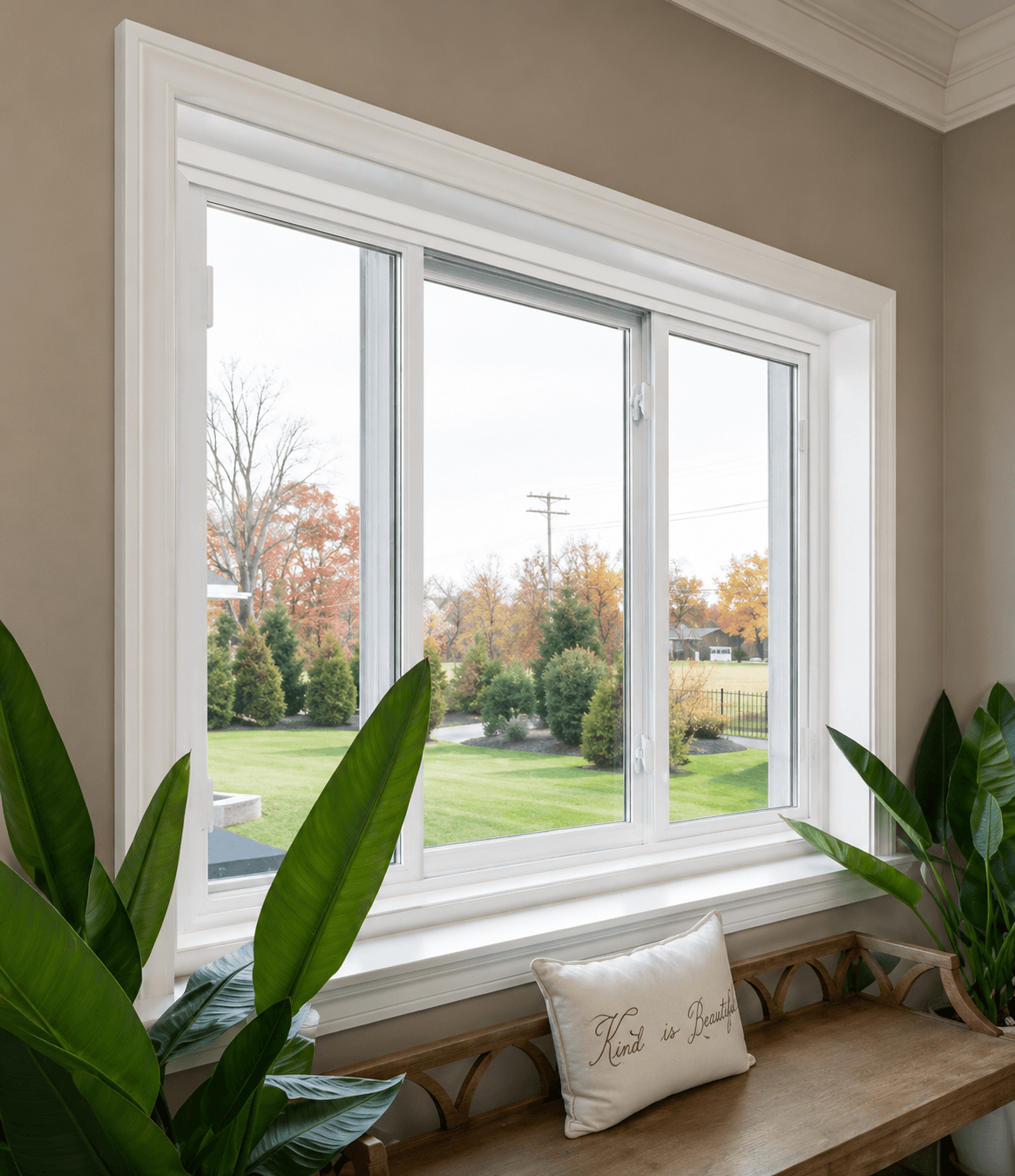 A 3-lite sliding glass window with white frame overlooking an autumn backyard with lawn and trees, flanked by potted green plants and a wooden bench with decorative pillow.